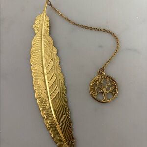 Gold Feather Brooch with Tree Charm